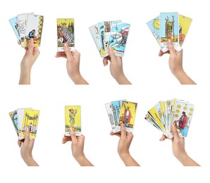 Closeup of woman holding tarot cards on white background, collage