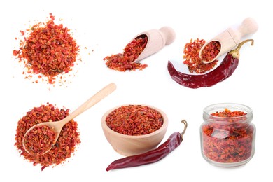 Image of Aromatic spices. Red chili pepper flakes and whole dried peppers on white background, set