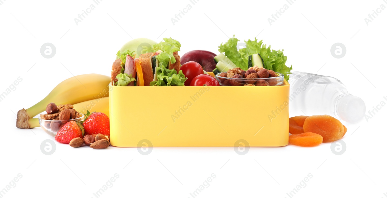 Photo of Lunch box with healthy food for schoolchild isolated on white