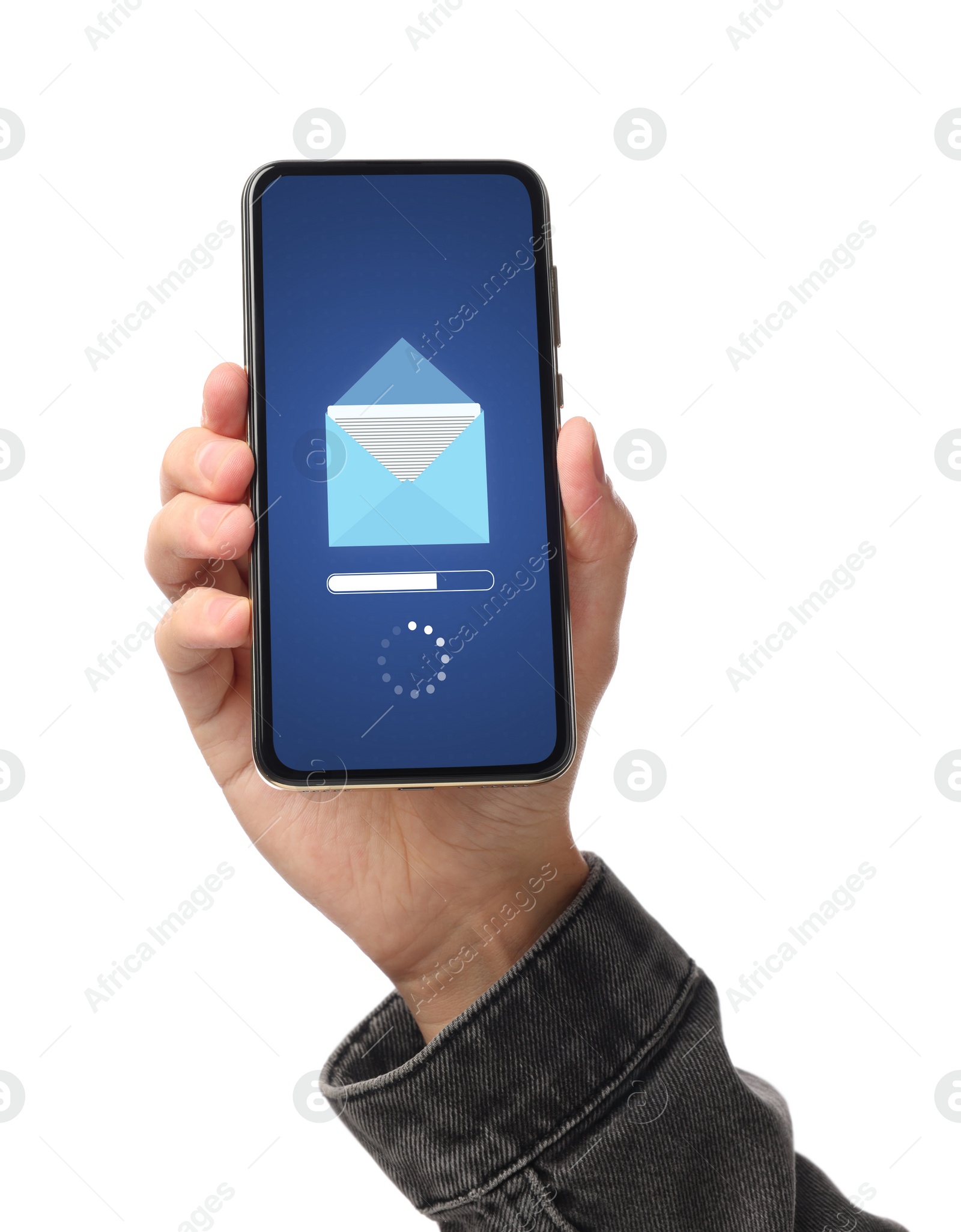 Image of Got new message. Man holding smartphone on white background, closeup