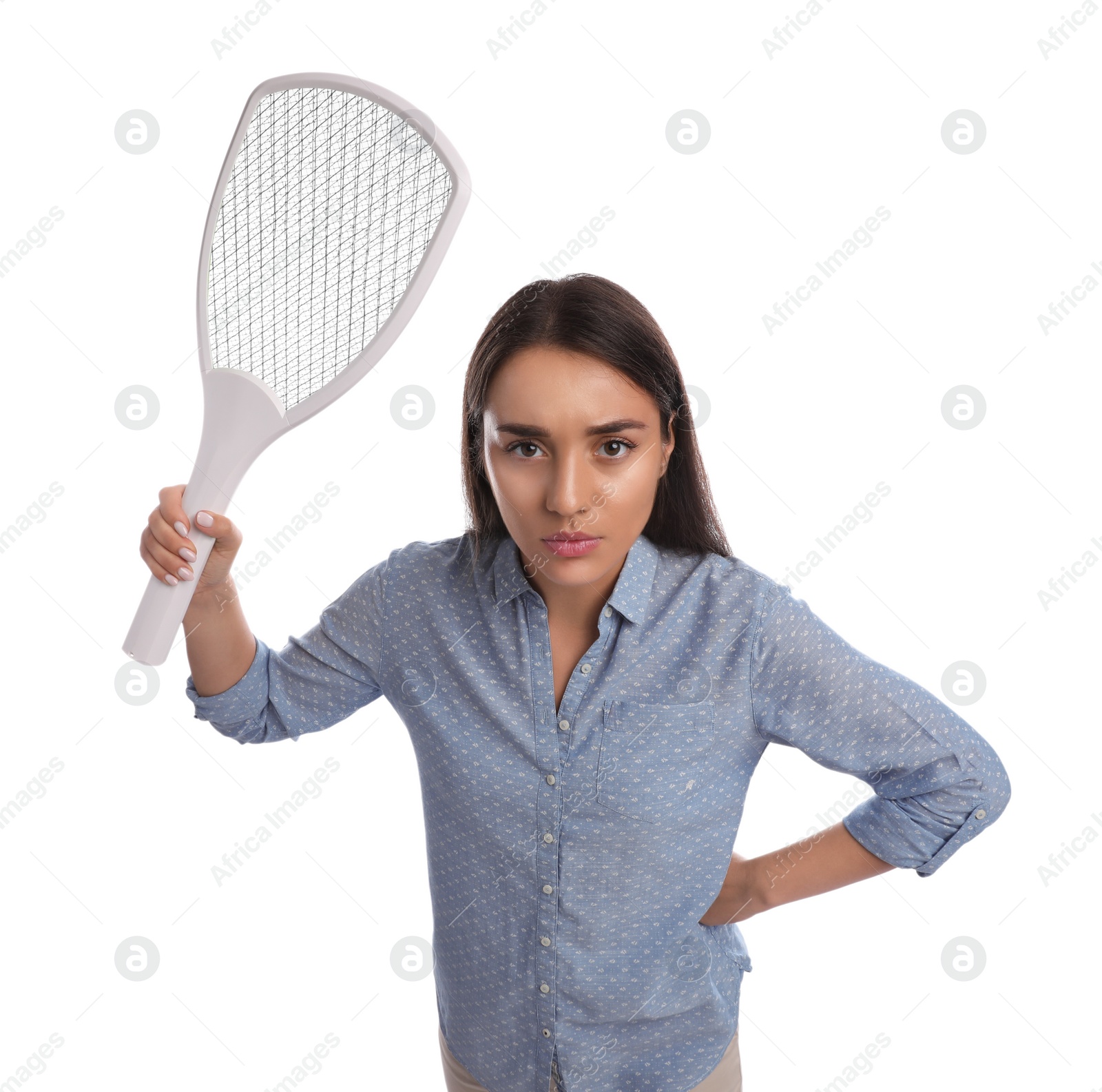 Photo of Young woman with electric fly swatter on white background. Insect killer