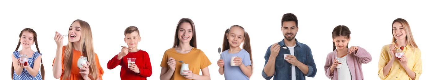 Collage with photos of people with tasty yogurts on white background. Banner design