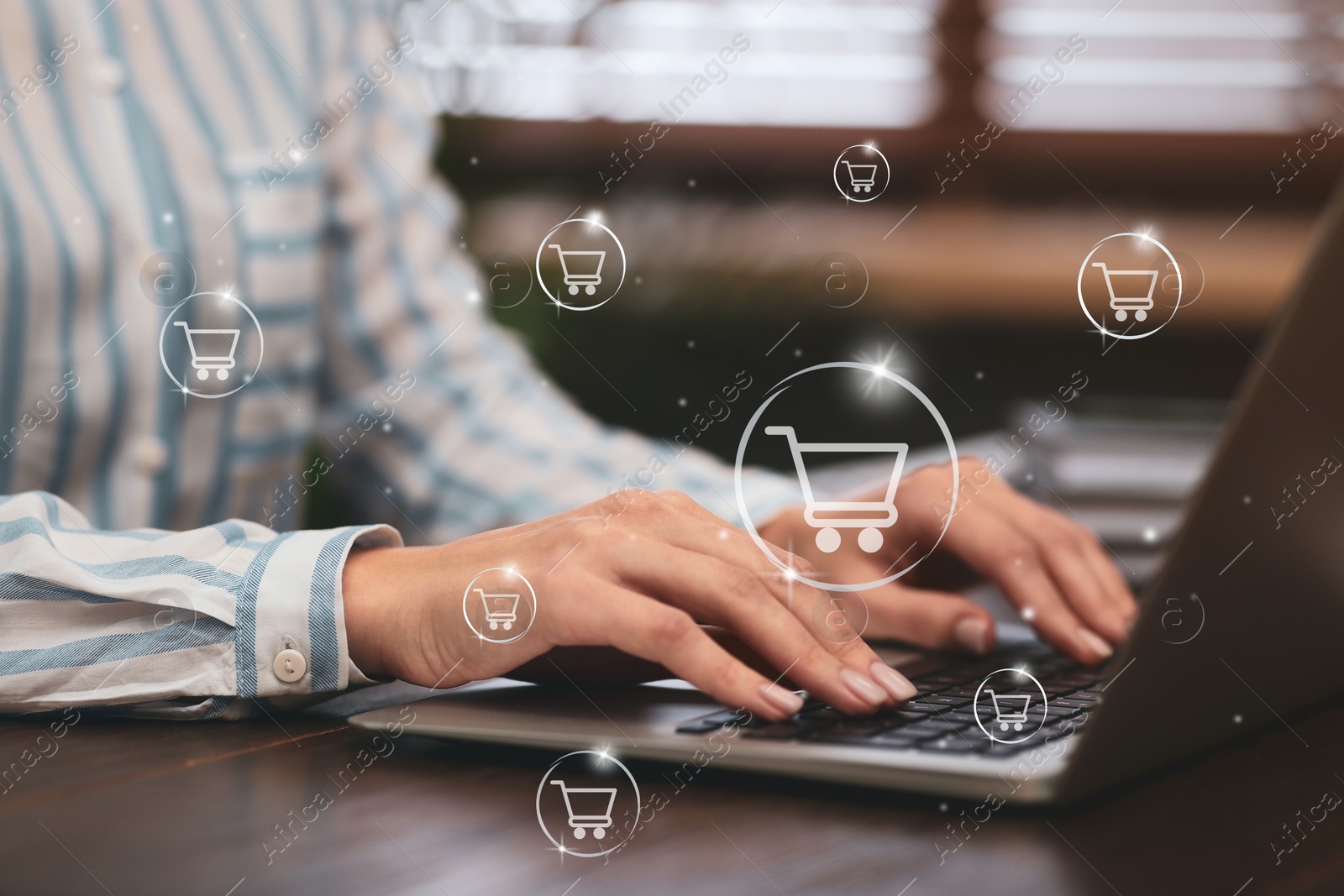 Image of Delivery concept. Woman using modern laptop for online shopping indoors, closeup. Market cart illustrations