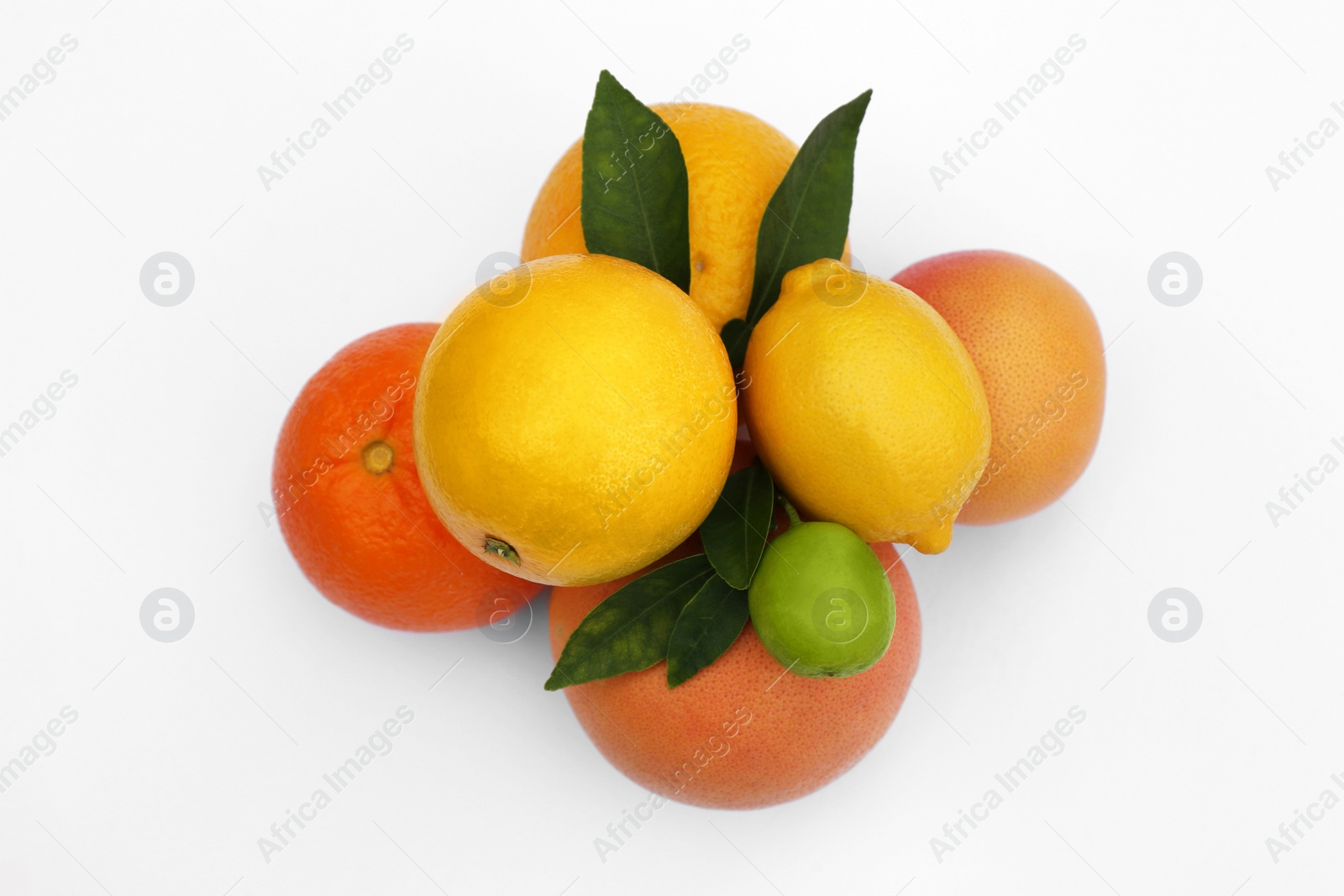 Photo of Different citrus fruits and leaves on white background, top view