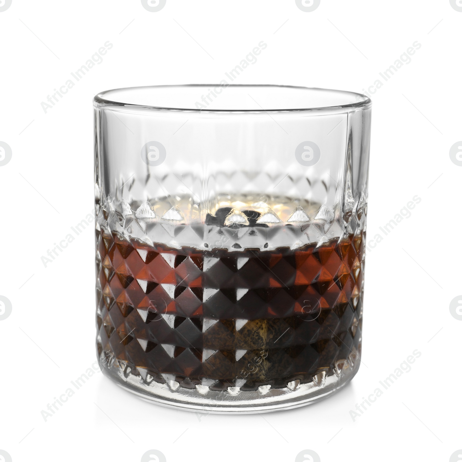 Photo of Glass of scotch whiskey on white background