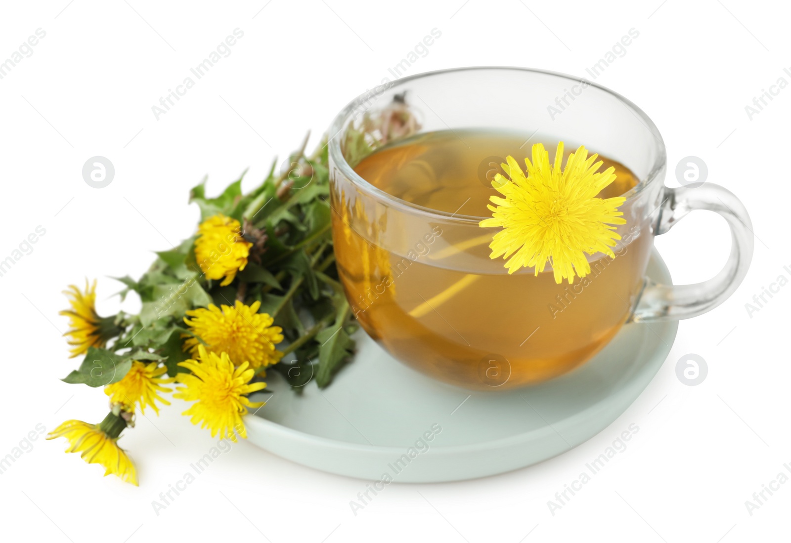 Photo of Delicious fresh tea and beautiful dandelion flowers on white background