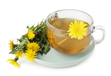 Delicious fresh tea and beautiful dandelion flowers on white background