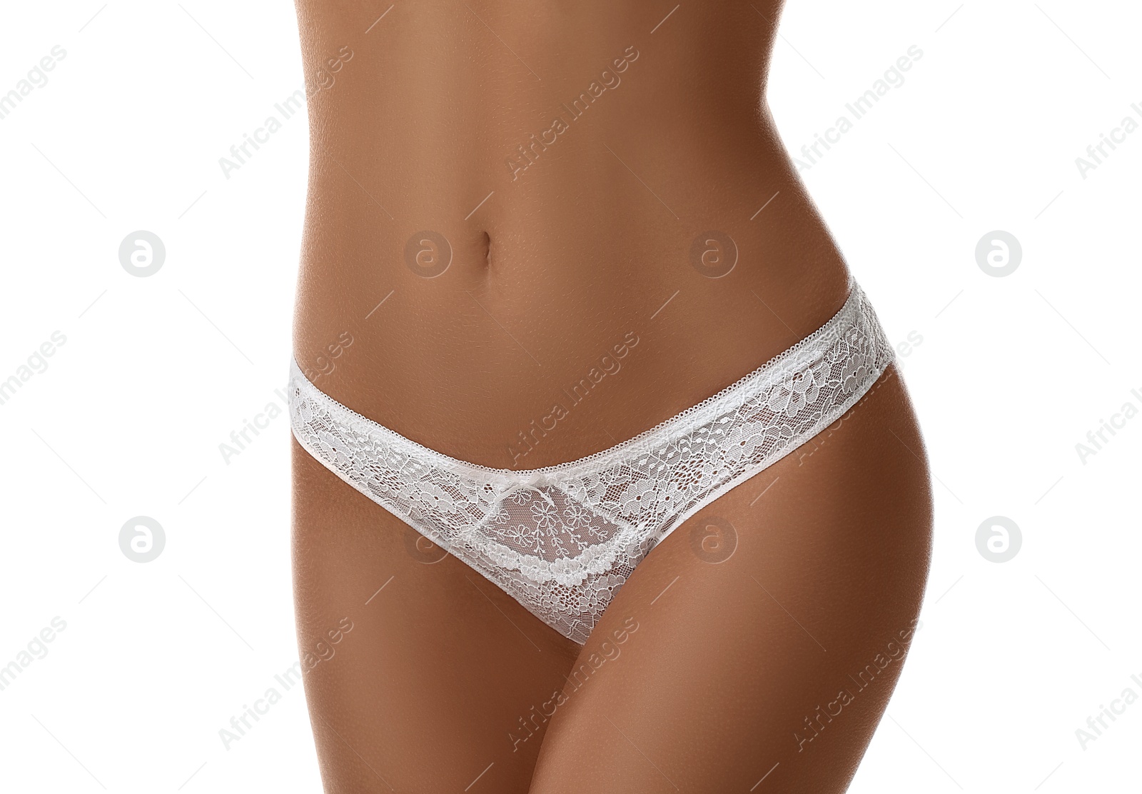 Photo of Woman in sexy panties on white background, closeup