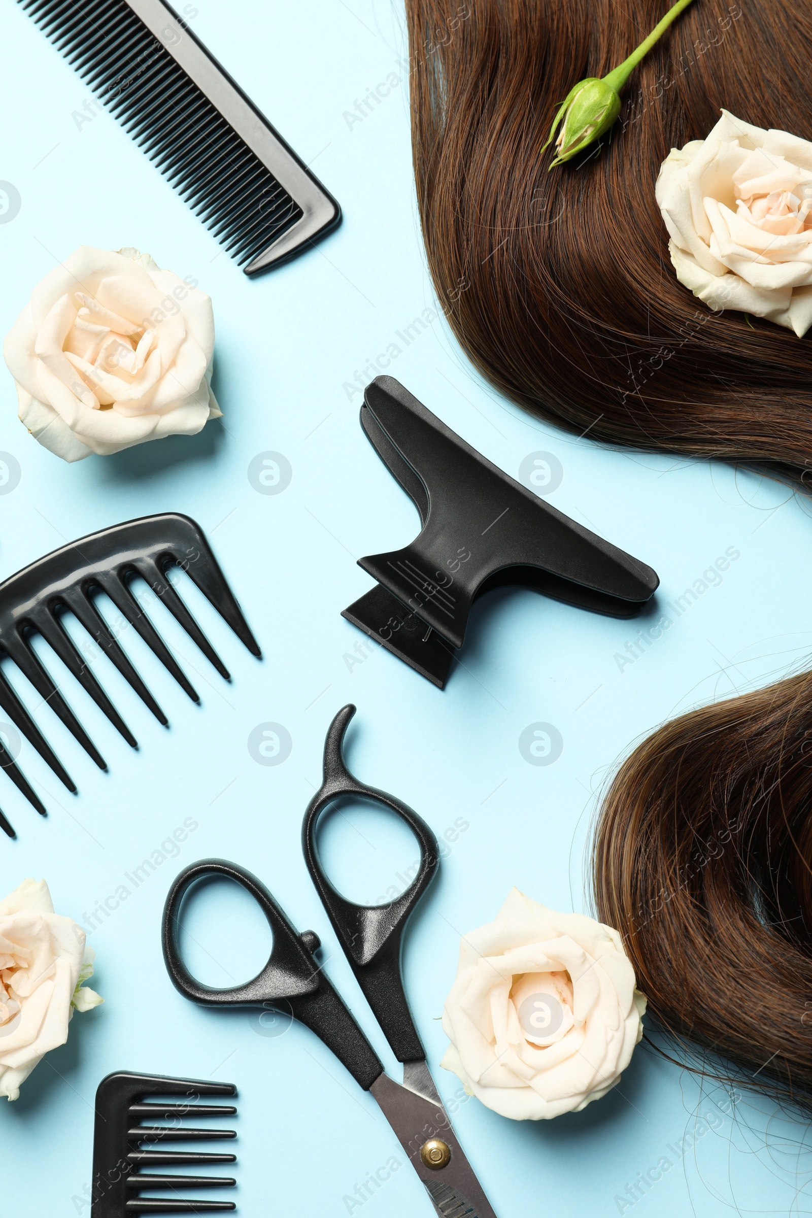 Photo of Flat lay composition with professional hairdresser tools, flowers and brown hair strand on light blue background