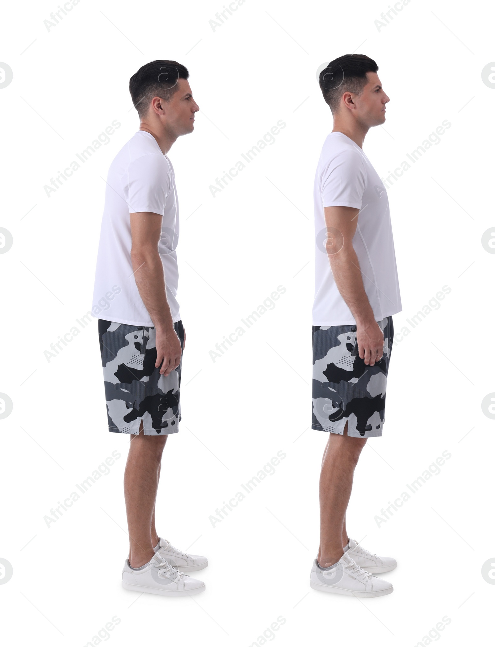 Image of Collage with photos of man with poor and good posture on white background