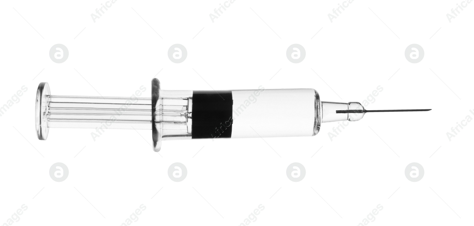 Photo of Syringe with COVID-19 vaccine isolated on white