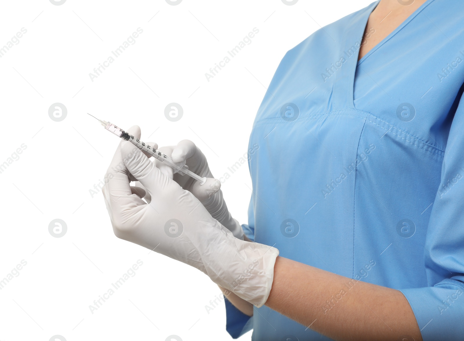 Photo of Female doctor with syringe on white background, closeup. Medical object