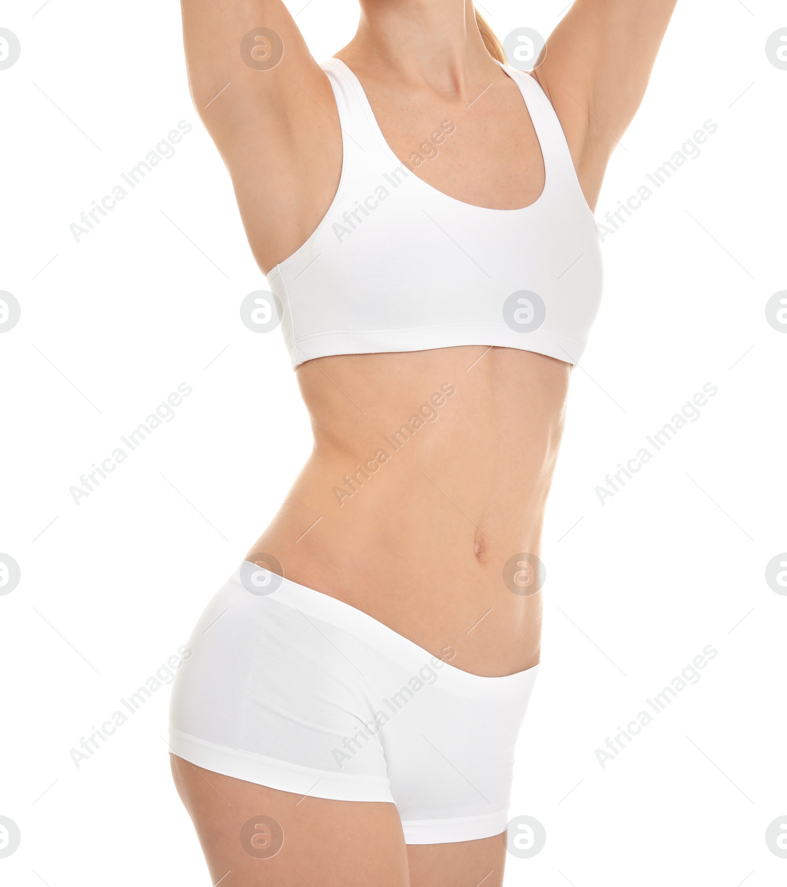 Photo of Young woman showing smooth silky skin after epilation on white background