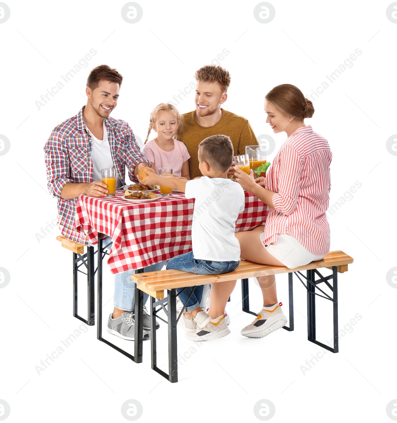 Photo of Happy family having picnic at table on white background