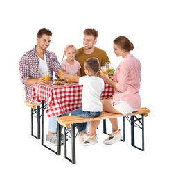 Happy family having picnic at table on white background