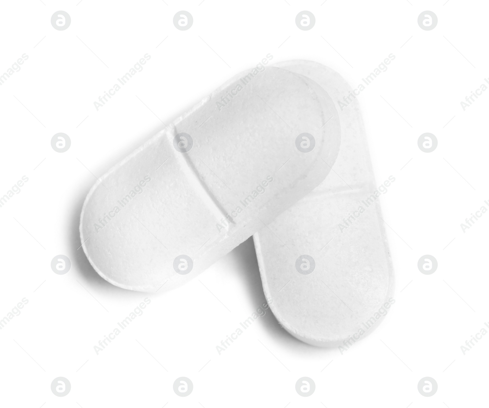 Photo of Pills on white background, top view. Medical treatment