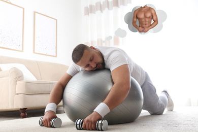 Image of Overweight man sleeping at home and dreaming of muscular body