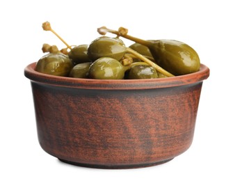 Capers in clay bowl isolated on white