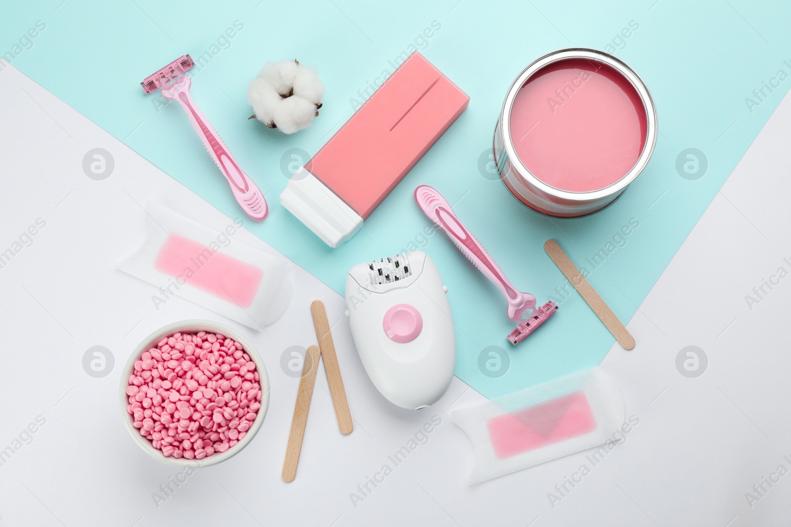 Photo of Set of epilation products on color background, flat lay