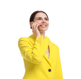 Photo of Beautiful businesswoman in yellow suit talking on smartphone against white background, low angle view
