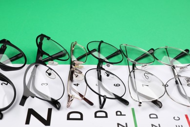 Photo of Vision test chart and glasses on green background, closeup