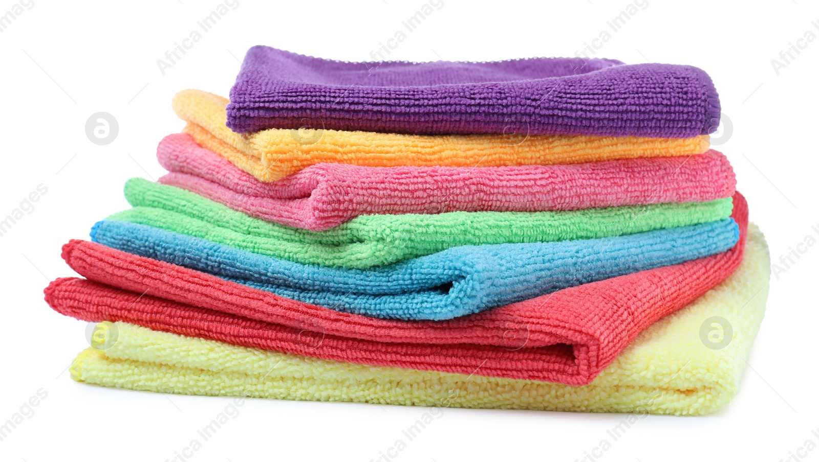 Photo of Many colorful microfiber cloths on white background