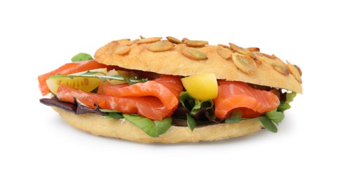 Tasty bagel with salmon and tomatoes isolated on white