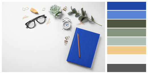 Image of Flat lay composition inspired by color of the year 2020 (Classic blue) on white background