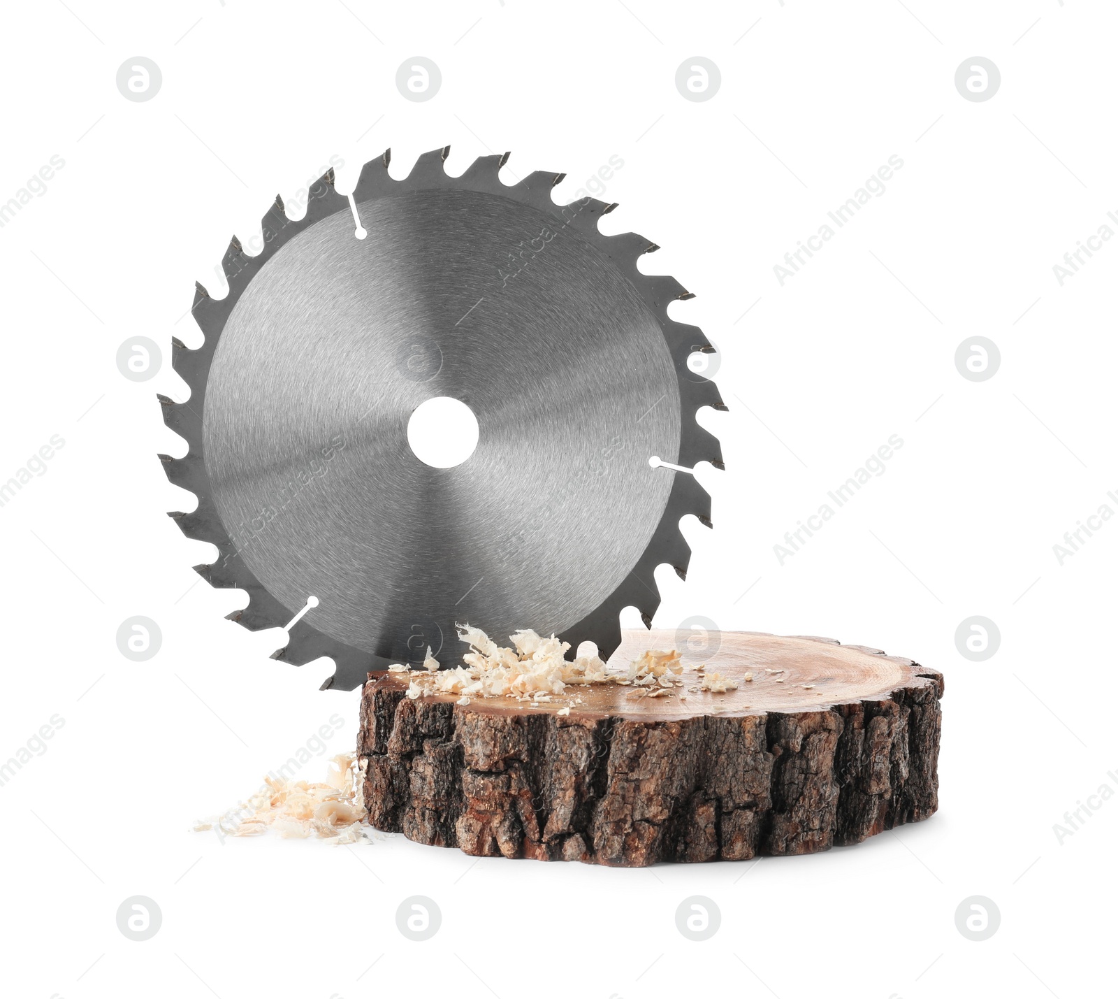 Photo of Wooden cut with saw disk isolated on white. Carpenter's tool