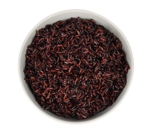 Photo of Bowl with delicious cooked brown rice on white background, top view