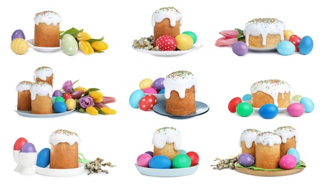 Image of Set with traditional Easter cakes and colorful eggs on white background, banner design
