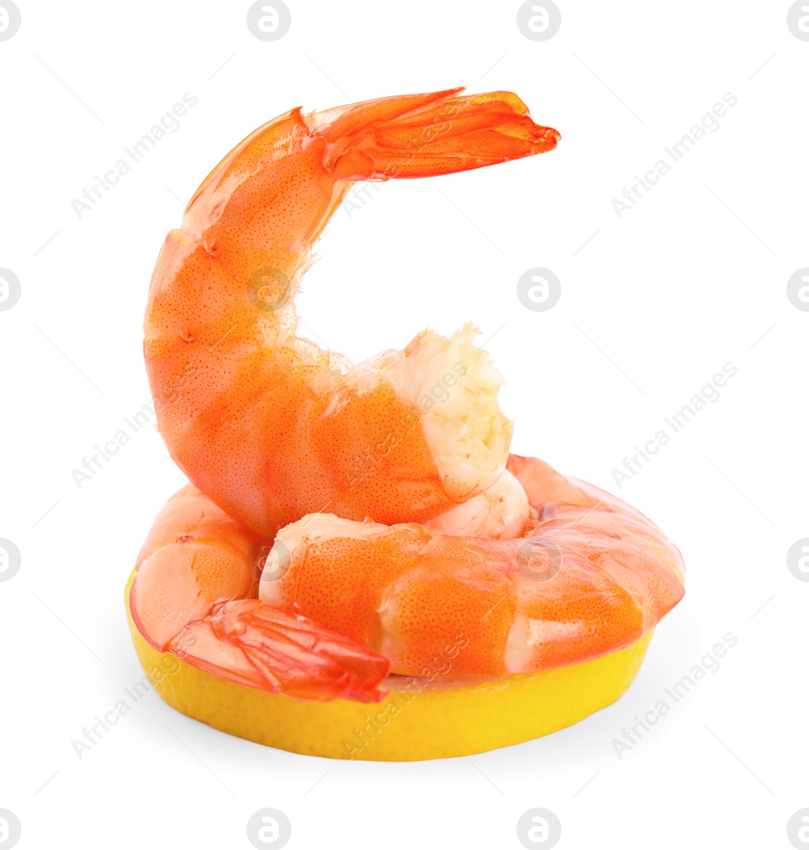 Photo of Delicious cooked shrimps and lemon isolated on white