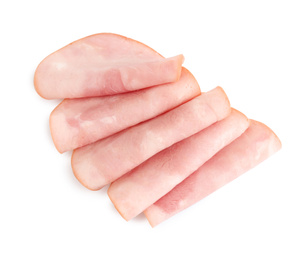 Photo of Slices of tasty fresh ham isolated on white, top view