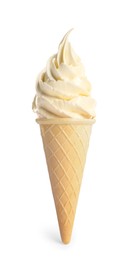 Delicious soft serve vanilla ice cream in crispy cone isolated on white