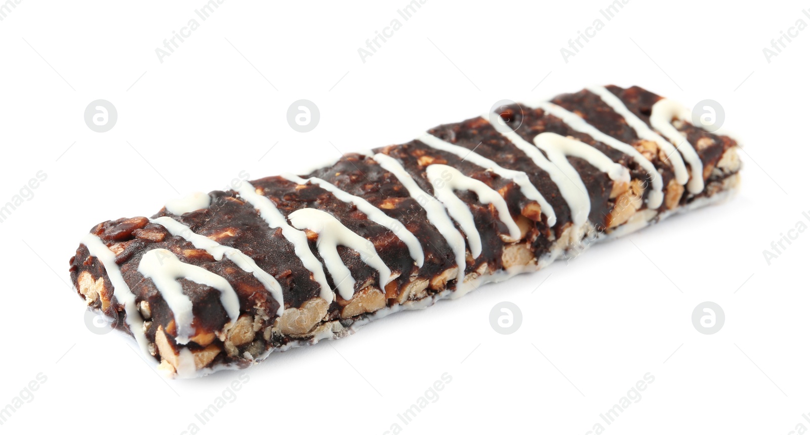 Photo of Grain cereal bar with chocolate on white background. Healthy snack