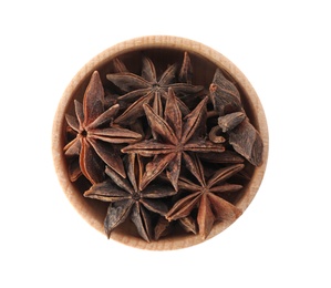 Photo of Bowl with anise stars on white background, top view. Different spices