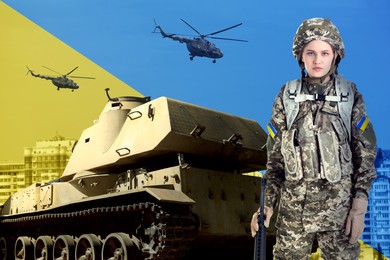 Image of Stop war in Ukraine. Female defender and military machinery protecting city, toned in colors of Ukrainian flag