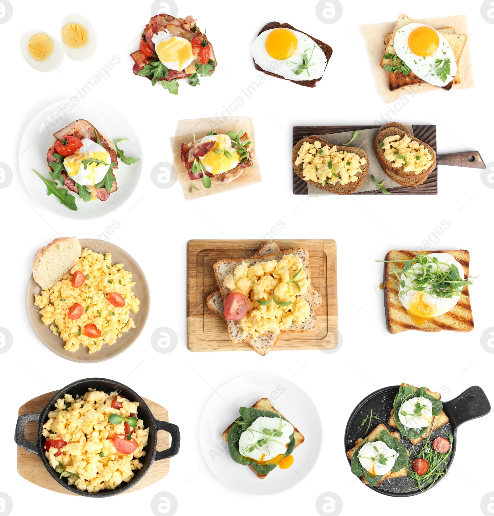 Image of Set of different egg dishes on white background, top view