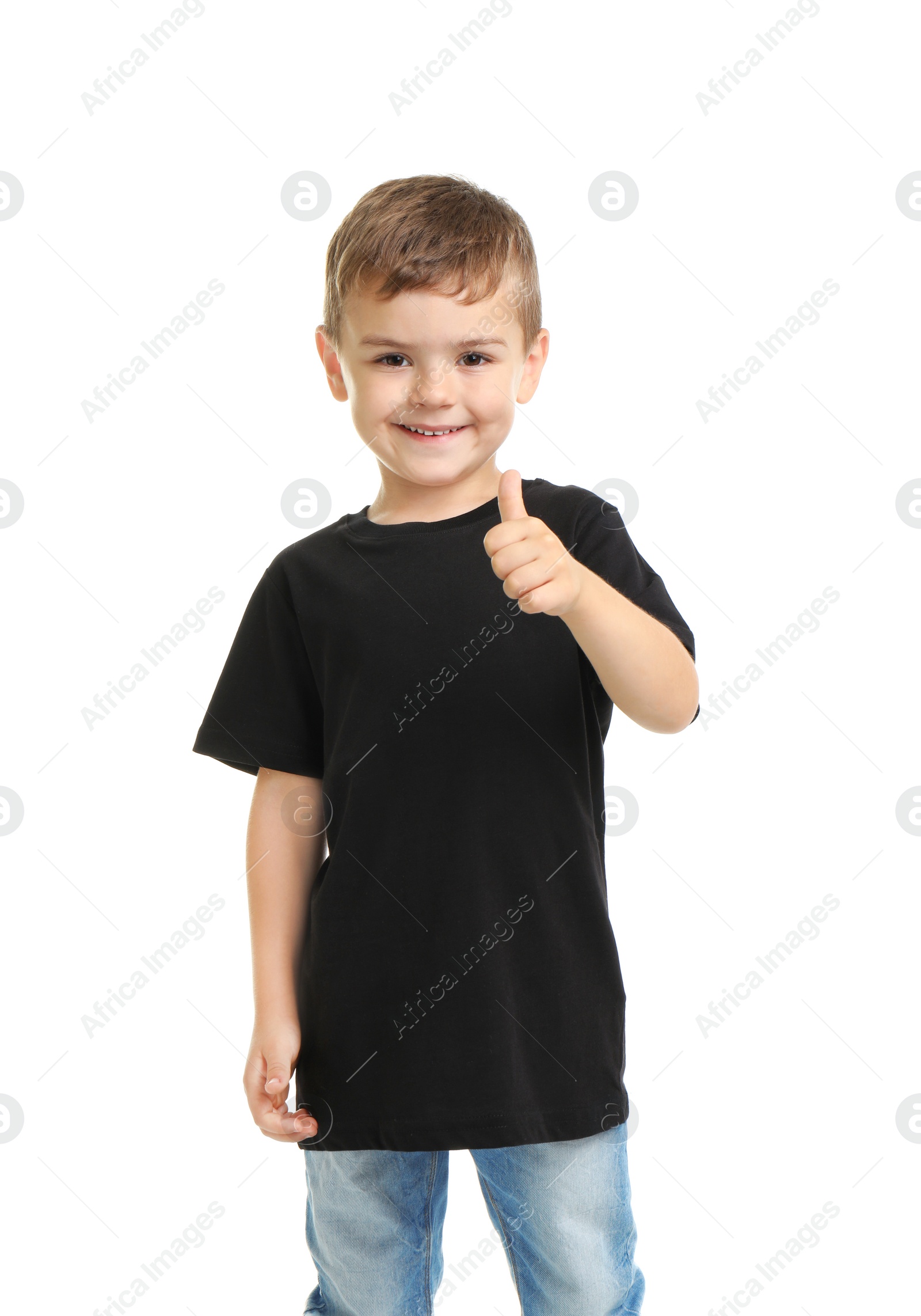 Photo of Little boy in t-shirt on white background. Mockup for design