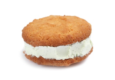 Photo of Sweet delicious ice cream cookie sandwich on white background