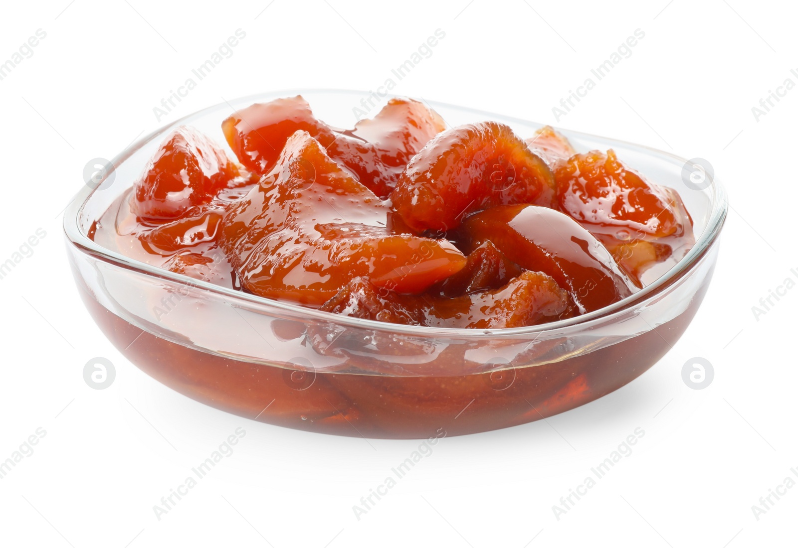 Photo of Quince jam in glass bowl isolated on white