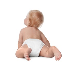 Photo of Little baby in diaper on white background, back view
