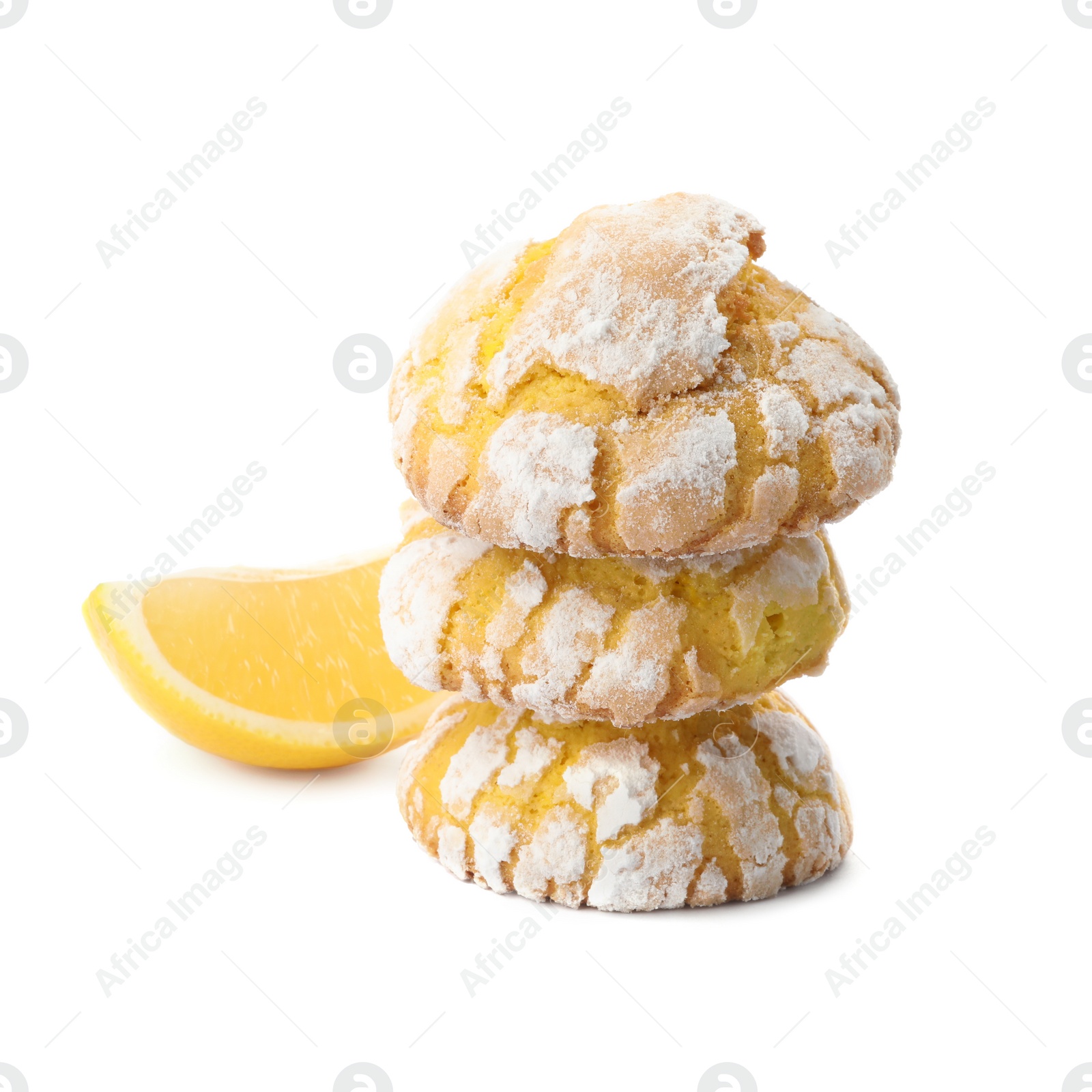 Photo of Tasty homemade lemon cookies and fresh fruit on white background