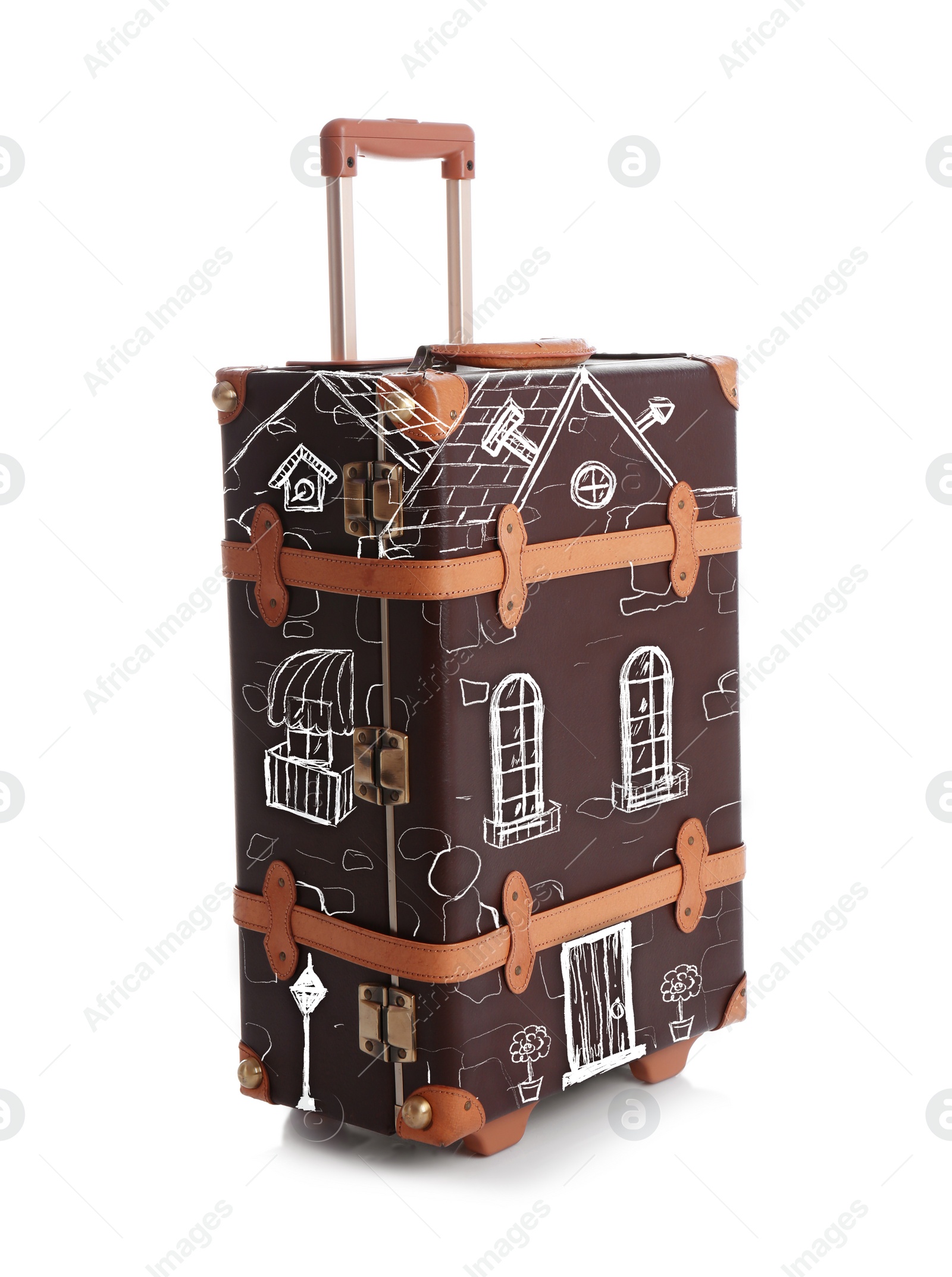 Image of Retro brown suitcase with drawing of house on white background. Moving concept