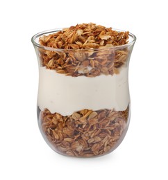 Photo of Glass of yogurt with granola isolated on white