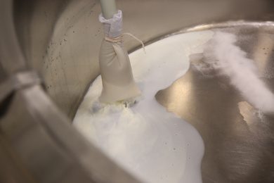 Photo of Pouring milk into curd preparation tank at cheese factory, closeup