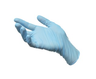 One light blue medical glove isolated on white