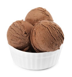 Photo of Bowl of tasty chocolate ice cream isolated on white