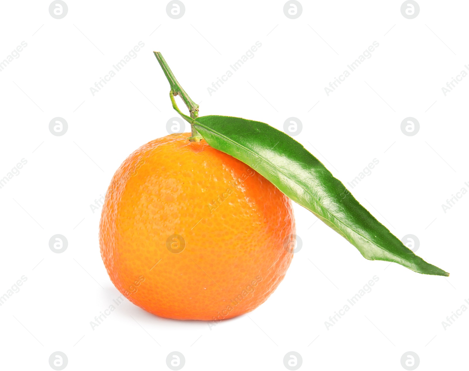 Photo of Tasty ripe tangerine with leaf on white background