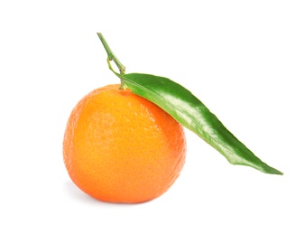 Photo of Tasty ripe tangerine with leaf on white background